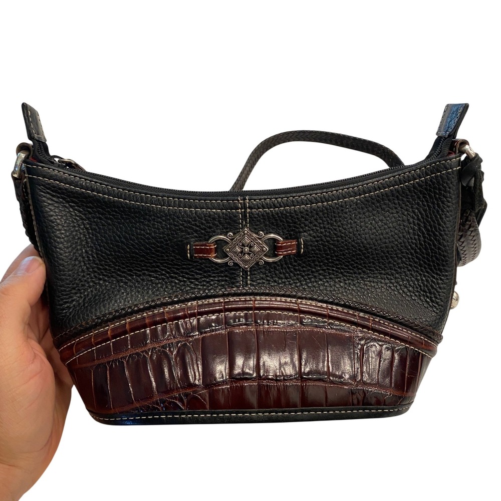 Brighton Leane Black Leather Croc Embossed Shoulder Bag Silver Heart Small Hobo